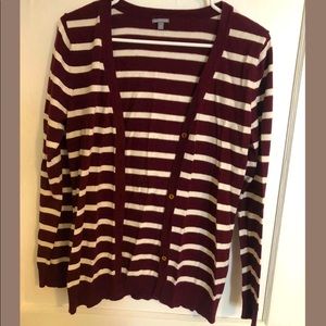 Burgundy and white striped cardigan with gold buttons